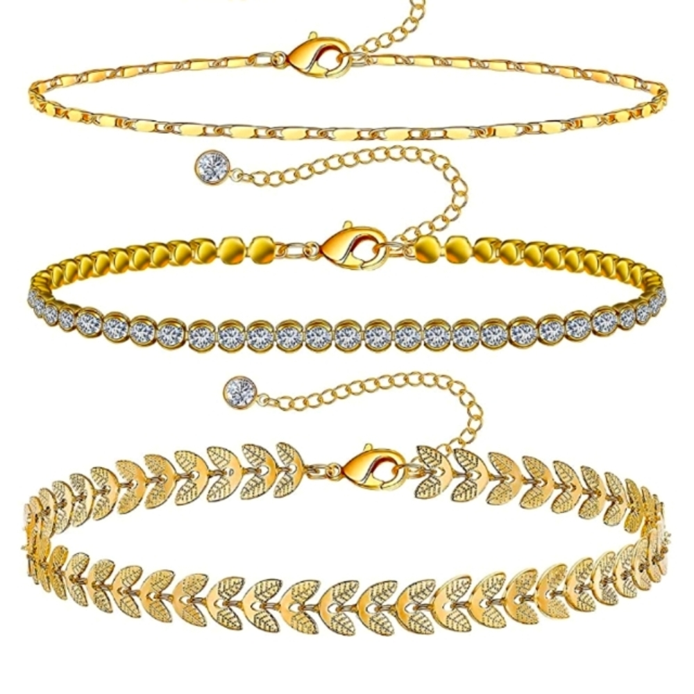 14 K Gold & CZ ANKLE BRACELETS SET OF 3 NWT - Picture 2 of 5